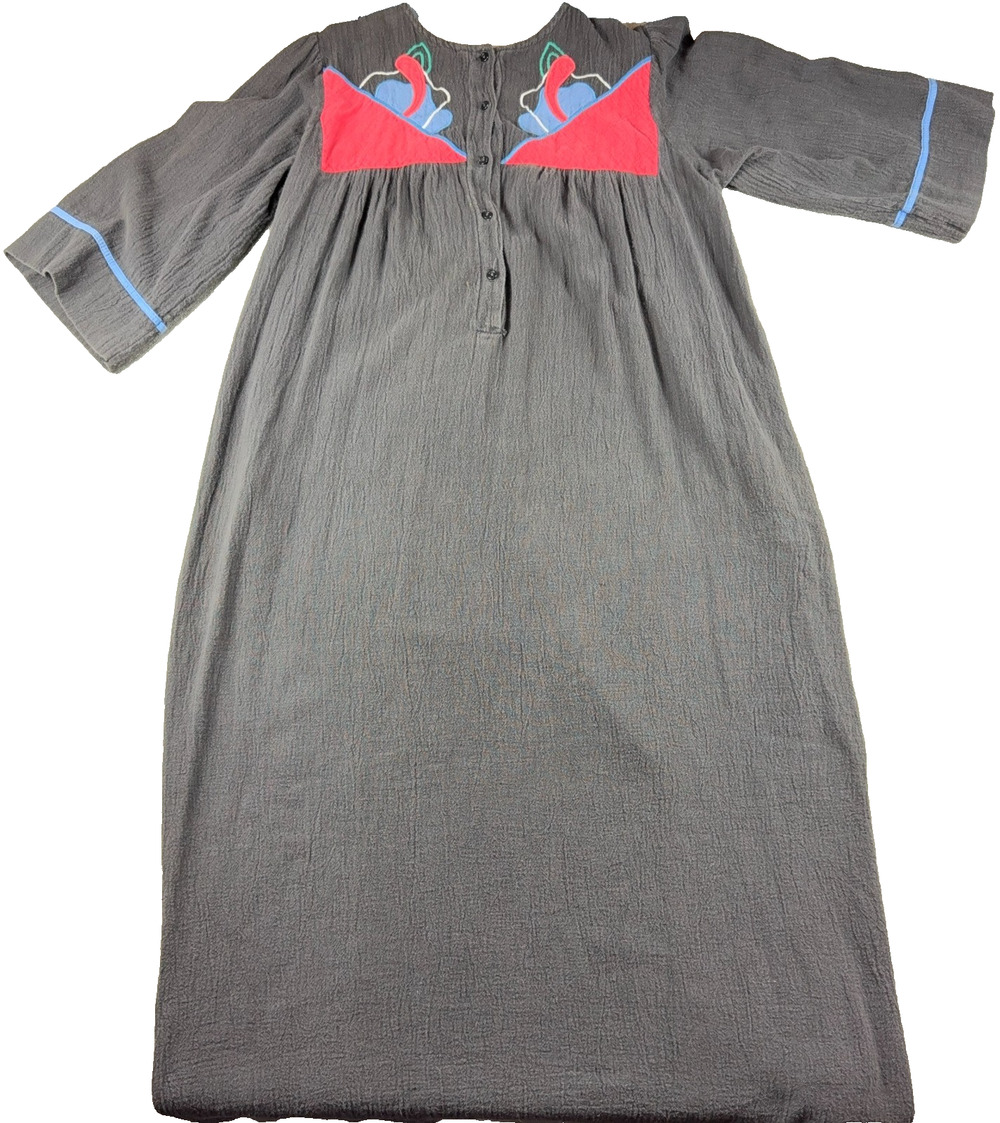 Vintage 80s Appel Caftan Maxi Dress Womens S Gray Applique Union Made USA